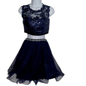Sequin Hearts Navy Blue 2 Piece Prom Dress Lace Tulle Sequin Junior Size 3 XS